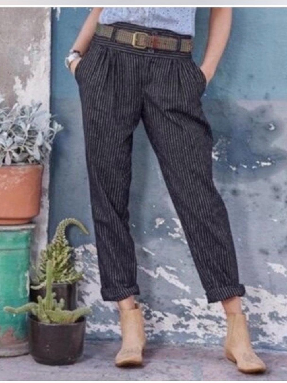 Sundance Linen Blend Pinstripe Tapered Pants Black Size 4